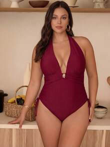 Swim Chiccia Plus Size Women's Solid Color Sexy Halter One-Piece Swimsuit Gym Summer - Rose Red - View 5
