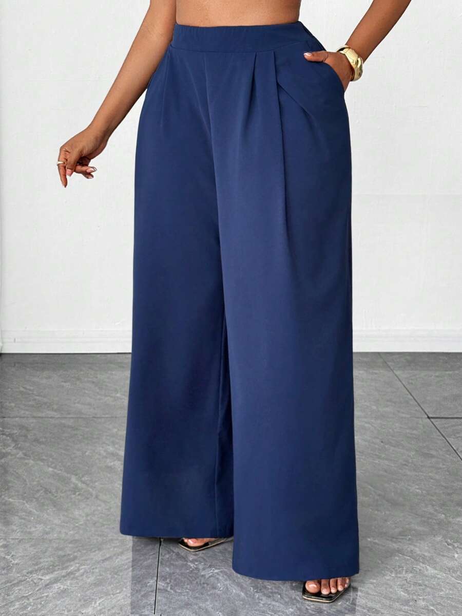 Maweii Women's Navy Blue Pleated Wide Leg Pants,Elegant Semi Formal Minimalist Design For Autumn,High-Quality Plus Size Casual Commuter Office Trousers - Navy Blue - View 1