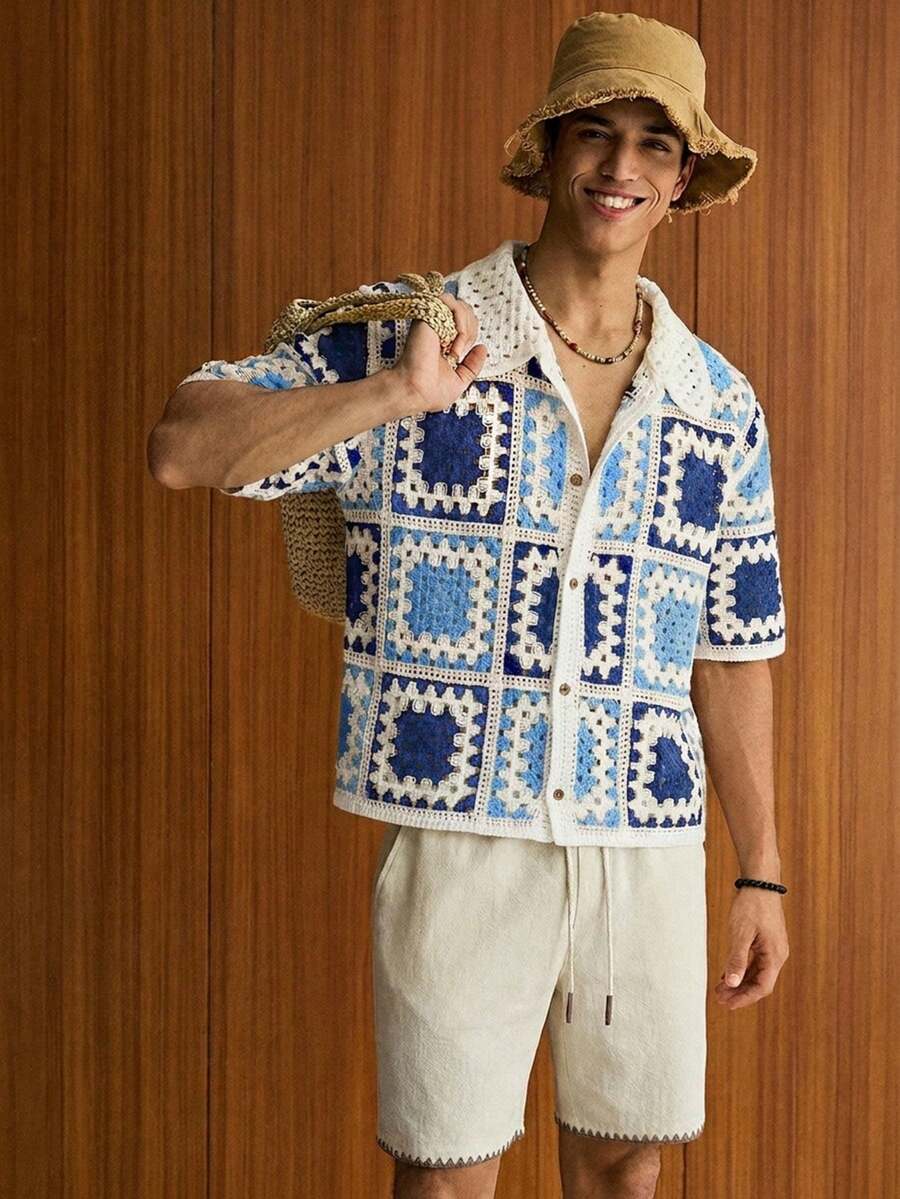 SWAVVY Men's Vacation Contrast Color Hollow Out Single-Breasted Knit Top - Blue - View 1
