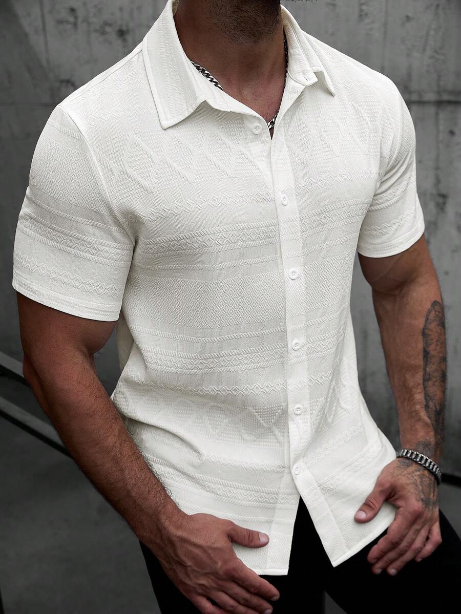 EGENSIO Men's White Plaid Textured Short Sleeve Shirt - White - View 1