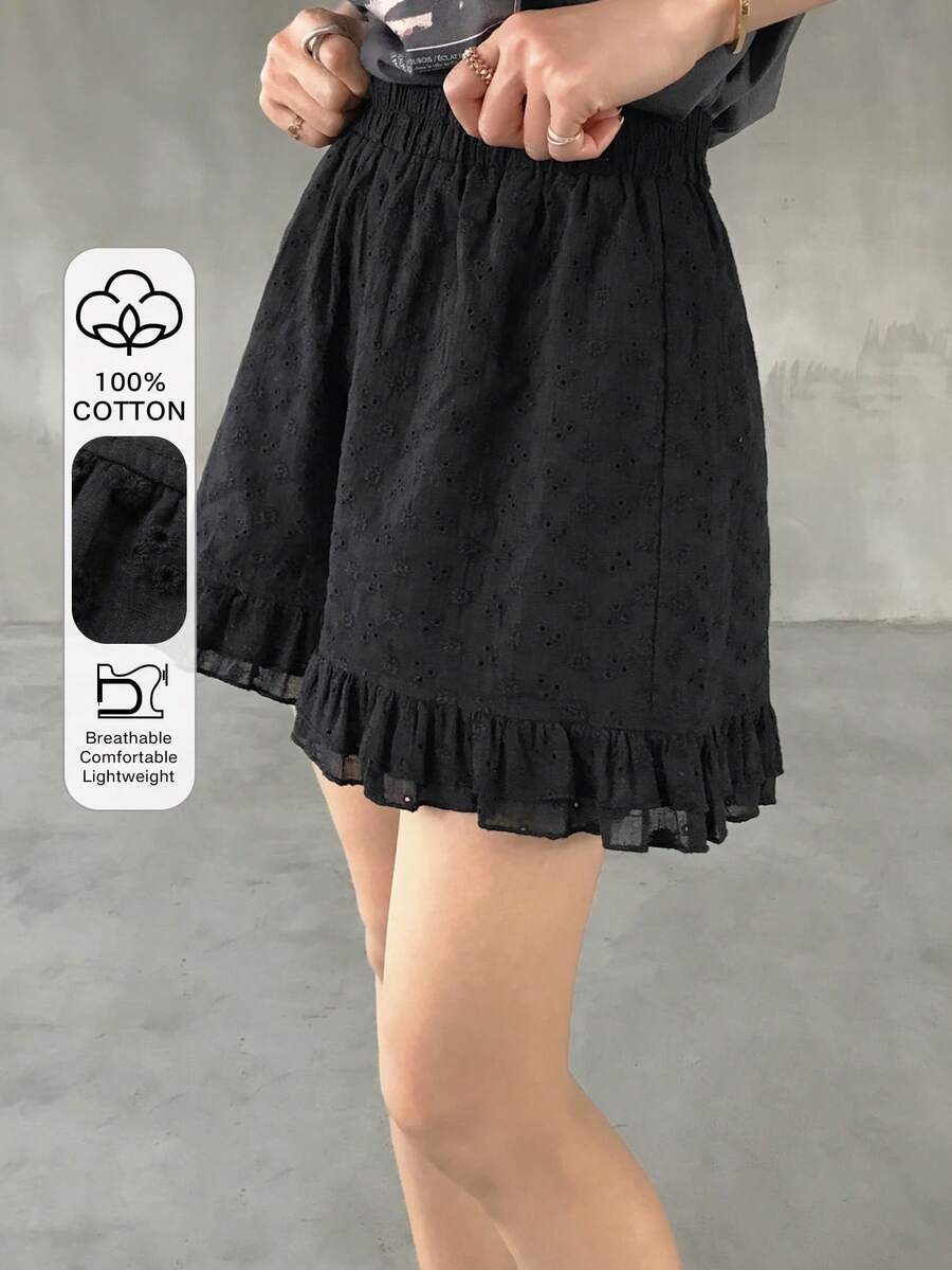 FRIFUL 女士夏季休闲网纱刺绣荷叶边短裤 - 黑色 - 查看 1