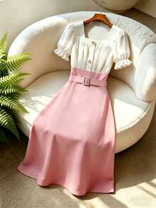 GlowEve CURVE Plus Size Women's Square Neck Ruffle Trim Puff Sleeve Cinched Waist Colorblock Chiffon Splice Blush Pink Summer Elegant Formal Tea Party A-Line Long Dress - Pink - View 1