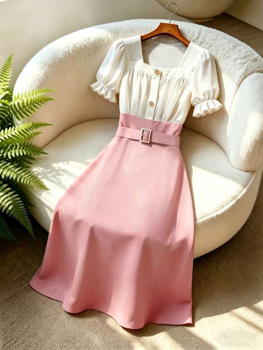 GlowEve CURVE Plus Size Women's Square Neck Ruffle Trim Puff Sleeve Cinched Waist Colorblock Chiffon Splice Blush Pink Summer Elegant Formal Tea Party A-Line Long Dress - Pink - View 1