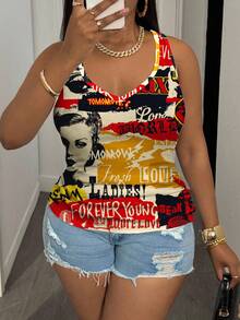 Slaydiva Plus Size Women V-Neck Casual Tank Top With Letter & Figure Print Women's Tops For Summer - Multicolor - View 5