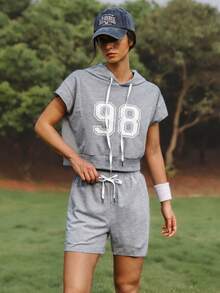 WanderVale 女士数字印花连帽短袖上衣和短裤套装 - 灰色 - 查看 4