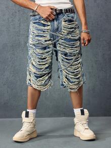 Street Life Spring/Summer Casual Graphic Men'S Distressed Denim 3/4 Length Blue Shorts - Blue - View 11
