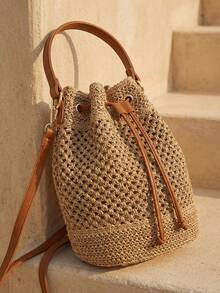 Swim Chiccia Bolso de playa tipo cubo de paja con cordón estilo bohemio para mujer - Caqui - Ver 3