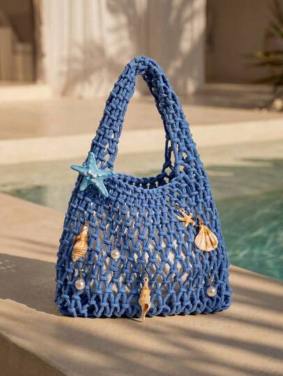 Swim Chiccia 1pc Polyester Mesh Bottom Multicolor Solid Color Woven Tote Bag, Rhombus Pattern, Lightweight, Portable, Large Capacity, Cute, Japanese Style, Summer Beach Bag, Suitable For Women, Students, Teachers