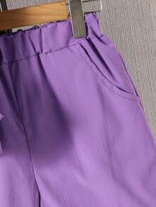 SHEIN Tween Boy Solid Color Short Sleeve Pocket Shirt And Shorts Casual Outfit - Purple - View 4