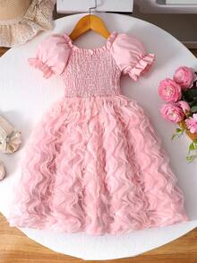 Glamorique Kids Đầm lưới tay cánh hoa đính cúc ngọc trai thanh lịch cho bé gái, chân váy xếp ly, thích hợp cho tiệc sinh nhật, mặc hàng ngày, mùa xuân/hè. - Hồng - Xem 3