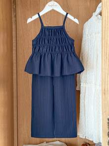 Vintaside Kids 2pcs/Set Young Girls' Floral Print Sleeveless Top And Matching Pants, Fitted Style Suitable For Outings, Casual, Sports, Parties - Navy Blue - View 6