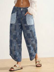 Bohemela Quần jeans nữ dáng rộng, phối màu jacquard, màu xanh dương. - Rửa trung bình - Xem 3