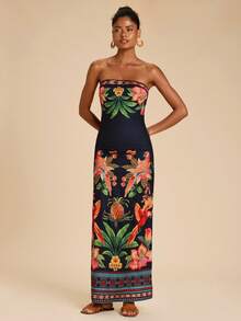 Travachic Women's Tropical Print Strapless Dress, Summer Vacation - Black - View 6