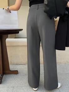 Dazy Tall 女士褶裥常规腰宽松直筒休闲西装裤 - 灰色 - 查看 2