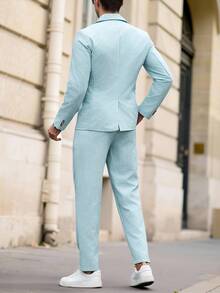 Manfinity Mode Setelan Jas Bisnis Kasual Pria Warna Biru Muda Musim Panas, Blazer Kain Bertekstur, Jas Wisuda Pernikahan Gaya Amerika, Gaya Klasik untuk Prom, Pesta, Vintage - Biru - View 2