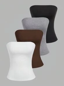 SHEIN EZwear 4件套女士纯色休闲百搭日常穿搭抹胸上衣 - 彩色 - 查看 7