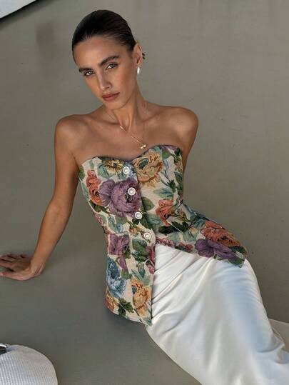 Lavishia 女士彩色花卉提花抹胸上衣，夏季