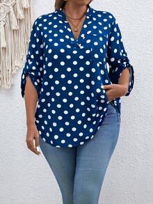 SHEIN Áo kiểu dáng cỡ lớn, cổ chữ V, tay dài, chấm bi, phong cách retro. - Màu xanh lam - Xem 3