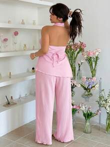 GalTyme Bộ 2 món cỡ lớn màu hồng, áo cổ đổ và quần. - Hồng - Xem 3
