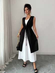 Rafferiza Women's Two-Piece Dress Set: Black Drawstring Long Shirt Dress, White Sleeveless Slim Fit Dress, Casual Commuter Two-Piece Dress, Elegant Dress, Black And White Dress, Summer Everyday Dress, Lace-Up Waist Slimming Dress, Casual Commuter Dress - Black and White - View 4