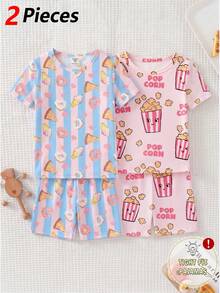 女童圆领短袖短裤，柔软弹力针织面料，披萨、甜甜圈和冰淇淋图案印花，条纹设计，可爱甜美风格两件套睡衣 - 彩色 - 查看 8