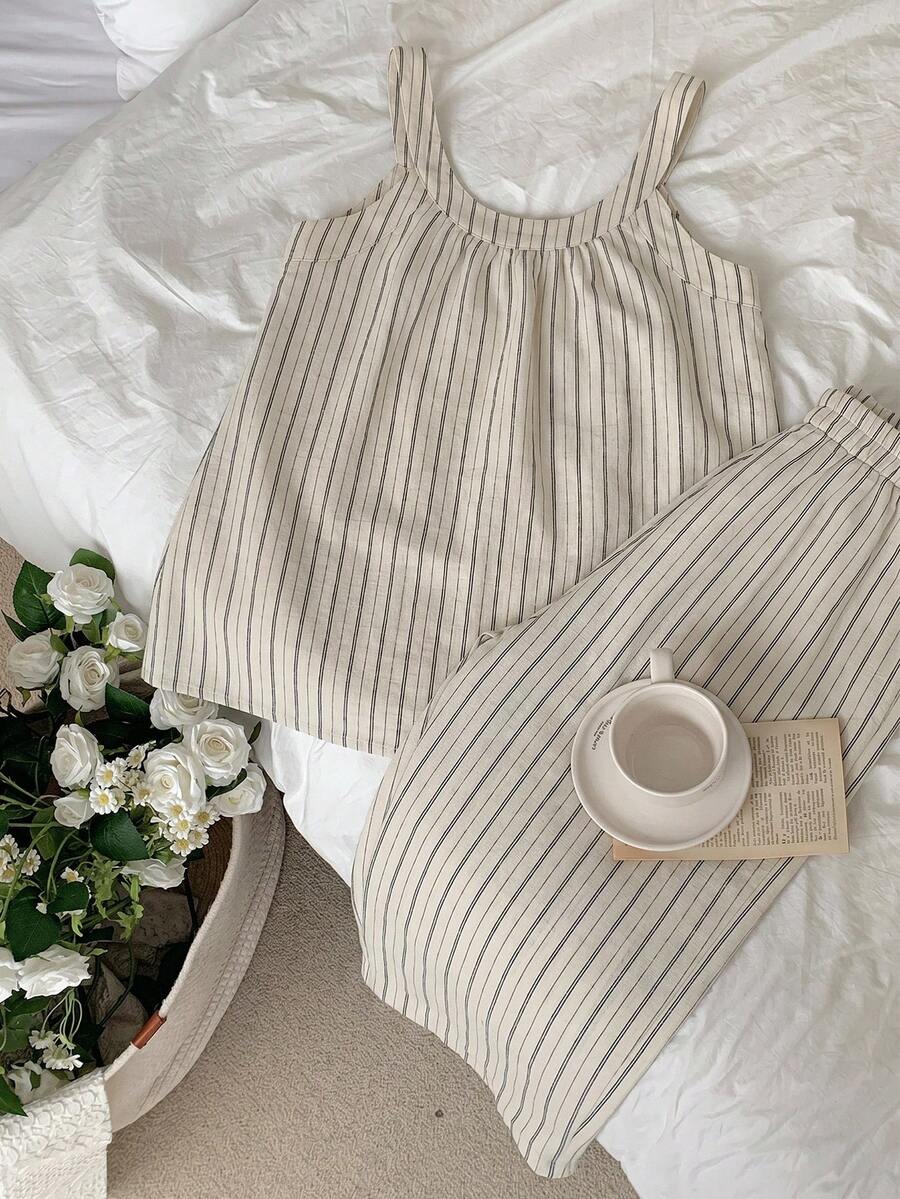 2 piezas Conjunto de ropa de estar informal y sin mangas con rayas minimalistas para mujer, verano - Albaricoque - Ver 1