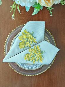 Cirelle Embroidered Mimosa Napkins, Yellow Floral Botanical Table Decor, Hand-Embroidered Washable Cloth Napkin For Spring Dining, Wedding & Tea Party - Multicolor - View 10