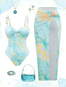 Swim Oasis Áo tắm liền thân nữ có váy, dây đeo hình vỏ sò, họa tiết đá cẩm thạch. - Nhiều màu - Xem 1