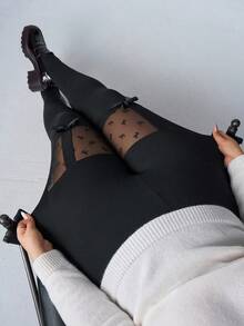 SHEIN PETITE CURVE CURVE Plus Size Women's Petite Black Sheer Mesh Contrast Bow Decor Leggings,High-Waisted Summer Goth Rave Pants For Holiday Vacation - Black - View 4