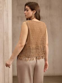 Flouryn 女士时尚针织拼接流苏咖啡棕色毛衣 - 咖啡棕 - 查看 2