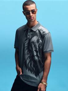 NobleFwd Áo sơ mi polo tay ngắn in hình sư tử cho nam, mùa hè/đi làm - Màu xám đen - Xem 5