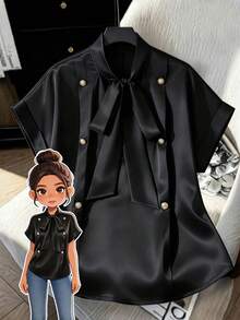 GlowEve CURVE Plus Size Women's Elegant Black Summer Silk Blouse,Solid Color Bow V-Neck Metal Button Decor Turndown Collar Short Sleeve Work Tops For Dinner - Blue - View 1