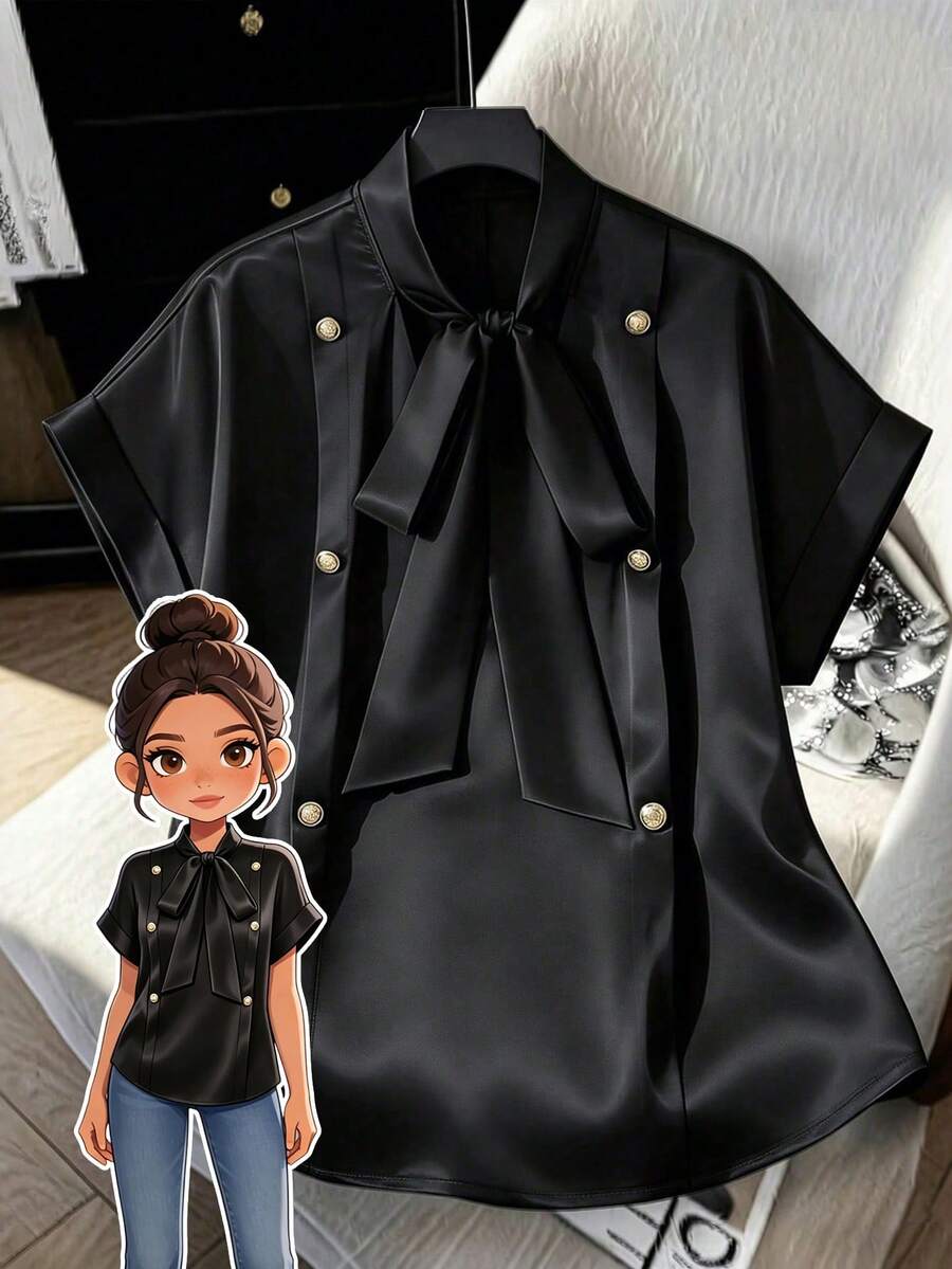 GlowEve CURVE Plus Size Women's Elegant Black Summer Silk Blouse,Solid Color Bow V-Neck Metal Button Decor Turndown Collar Short Sleeve Work Tops For Dinner - Blue - View 1