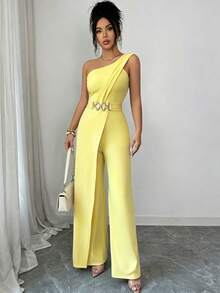 SHEIN Elenzya Bộ áo liền quần nữ màu trơn, kiểu dáng thường ngày, thoải mái. - Màu vàng - Xem 8