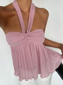 DAZY Solid Color Halter Backless Elegant Basic Sexy Summer Vest Top For Women Vacation Outfits Women Swimming Lilac School - Pink - View 1