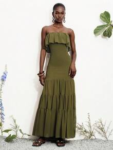 Aveloria Modichic Đầm nghỉ mát lãng mạn kiểu Pháp thanh lịch màu xanh ô liu bằng vải chiffon, có bèo nhún ở gấu váy, hở lưng, ôm sát và tôn dáng. - xanh quân đội - Xem 6