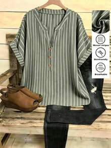 Linhara Blusa holgada de mujer de talla grande con cuello vuelto, estampado de rayas verdes, silueta en H, nueva llegada de primavera/verano, blusa casual de negocios, blusas casuales modernas para mujer, últimas llegadas, los mejores vendedores - Verde - Ver 3