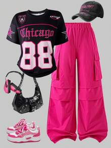 SHEIN Set 2 buc. Tricou casual cu imprimeu numeric, stil stradal + pantaloni cargo, croială confortabilă pentru mișcare ușoară, elemente stradale la modă, potrivit pentru școală, naveta, ieșiri în weekend, purtare zilnică primăvara - Roz fierbinte - Vizualizare 3