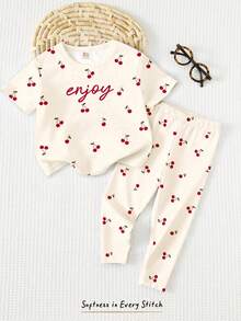 Cream White, Cute Mini Cherry Minimalist Sweet Letter Graphic, Young Girl Casual Loose Round Neck Short Sleeve T-Shirt And Leggings Set, Suitable For Spring & Summer Daily Wear, Farm, Picnic, Outing, Vacation, Homecoming, Back To School - Multicolor - View 4