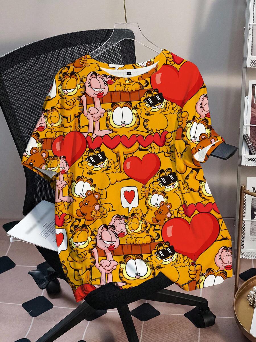 GARFIELD | SHEIN Áo thun nữ cỡ lớn in hình hoạt hình, cổ tròn, tay ngắn, kiểu dáng thường ngày. - trắng - Xem 1