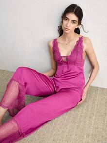 Ocili 2pcs Bohemian Style Lace Trim Camisole & Pants Sleepwear Set, Comfortable Women Pajamas - Hot Pink - View 2