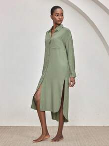 Ocili Soft & Comfortable Mandarin Collar Long Sleeve Maxi Dress With Shell Buttons, Viscose & Cotton Blend Sleepwear For Women - Dark Green - View 5