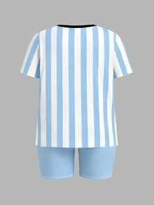 Slaydiva Bộ đồ nữ cỡ lớn 2 món: Áo thun cổ tròn tay ngắn in chữ và sọc cùng quần short bó sát. - Nhiều màu - Xem 6