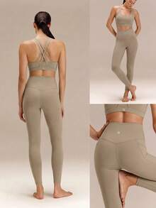 GLOWMODE Leggings de cintura alta con bolsillos laterales FeatherFit™ de 24" para gimnasio en otoño e invierno - Caqui - Ver 9