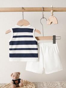 SHEIN Conjunto de Shorts Sem Mangas para Bebê Menino Recém-Nascido de Verão, Branco, Estampa Listrada Texturizada, Moletom Macio - Azul Marinho - Visão 2