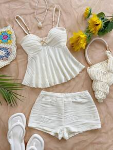 Soleia 女士纯色吊带荷叶边两件套，时尚夏季 - 白色 - 查看 1