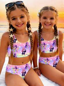 SHEIN Young Girl Cartoon Print Tankini Swimsuit Set, Suitable For Summer Vacation - Multicolor - View 3