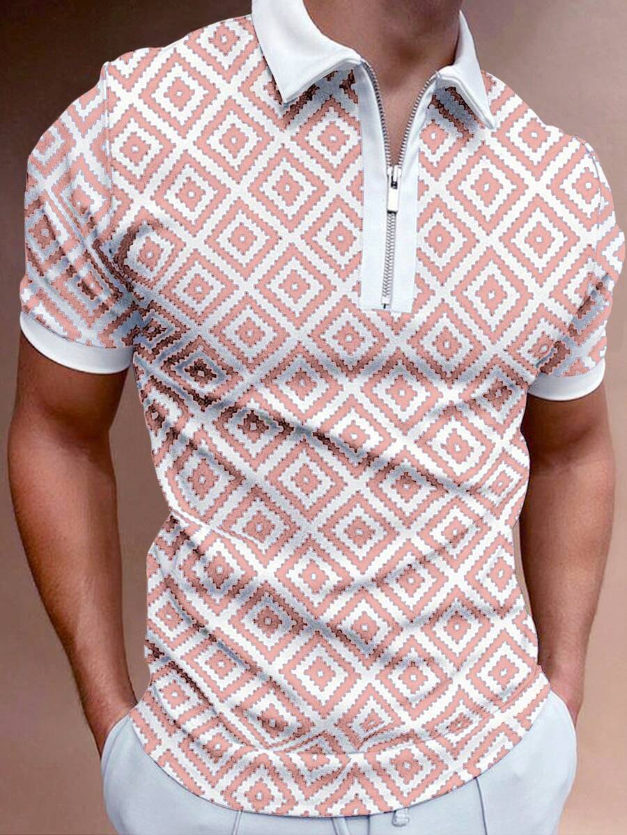 Manfinity Homme Polo a maniche corte da uomo con stampa geometrica e design con chiusura lampo - Rosa - Visualizzare 1