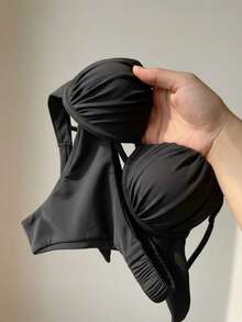 Bonvoyette Summer Vacation Beach Rigid Cup Ruched Bikini Set - Black - View 2