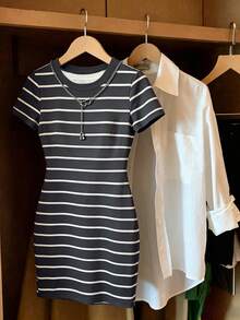 Airaco Vestido casual mini de mujer de cuello redondo y manga corta a rayas - Negro - Ver 3